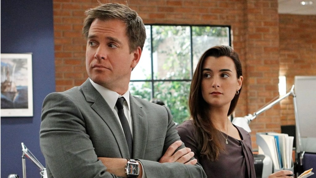Michael Weatherly and Ziva David stand next to each other in NCIS.