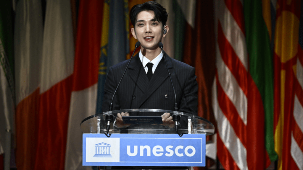 Seventeen Joshua delivers a speech at UNESCO 2024 ceremony as Goodwill youth ambassador