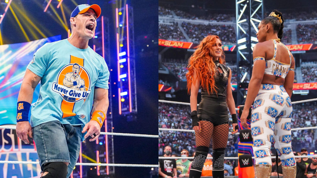 WWE Superstars John Cena, Becky Lynch and Bianca Belair