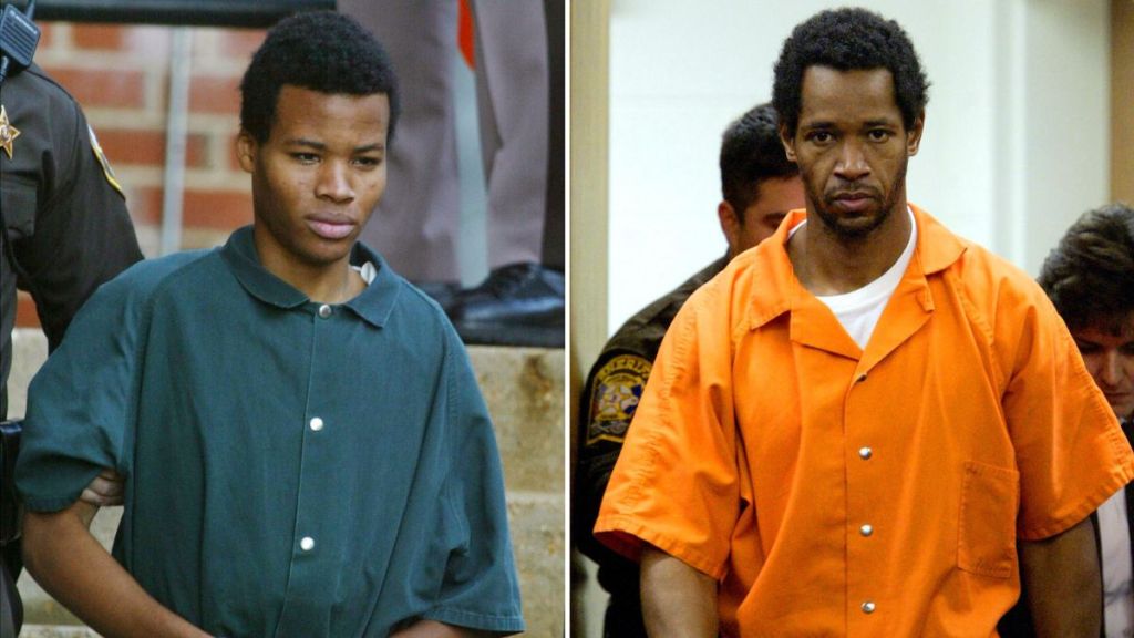 Lee Boyd Malvo walks out of a court, John Allen Muhammad at a courthouse