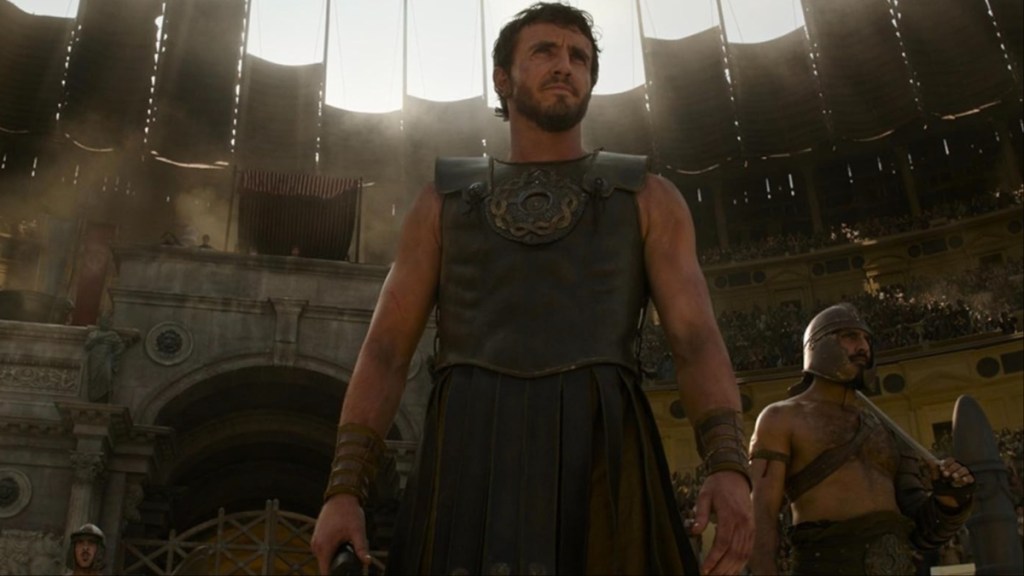 Paul Mescal stands in the arena in Gladiator II.