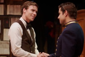 Abe Lincoln and Elmer Ellsworth shaking hands in the trailer of Lavender Men.