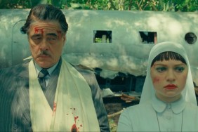 A man and woman stand in front of a crashed plane.