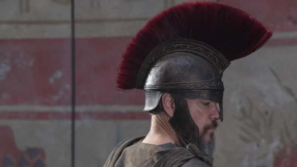 Matt Damon turns and looks in The Odyssey.