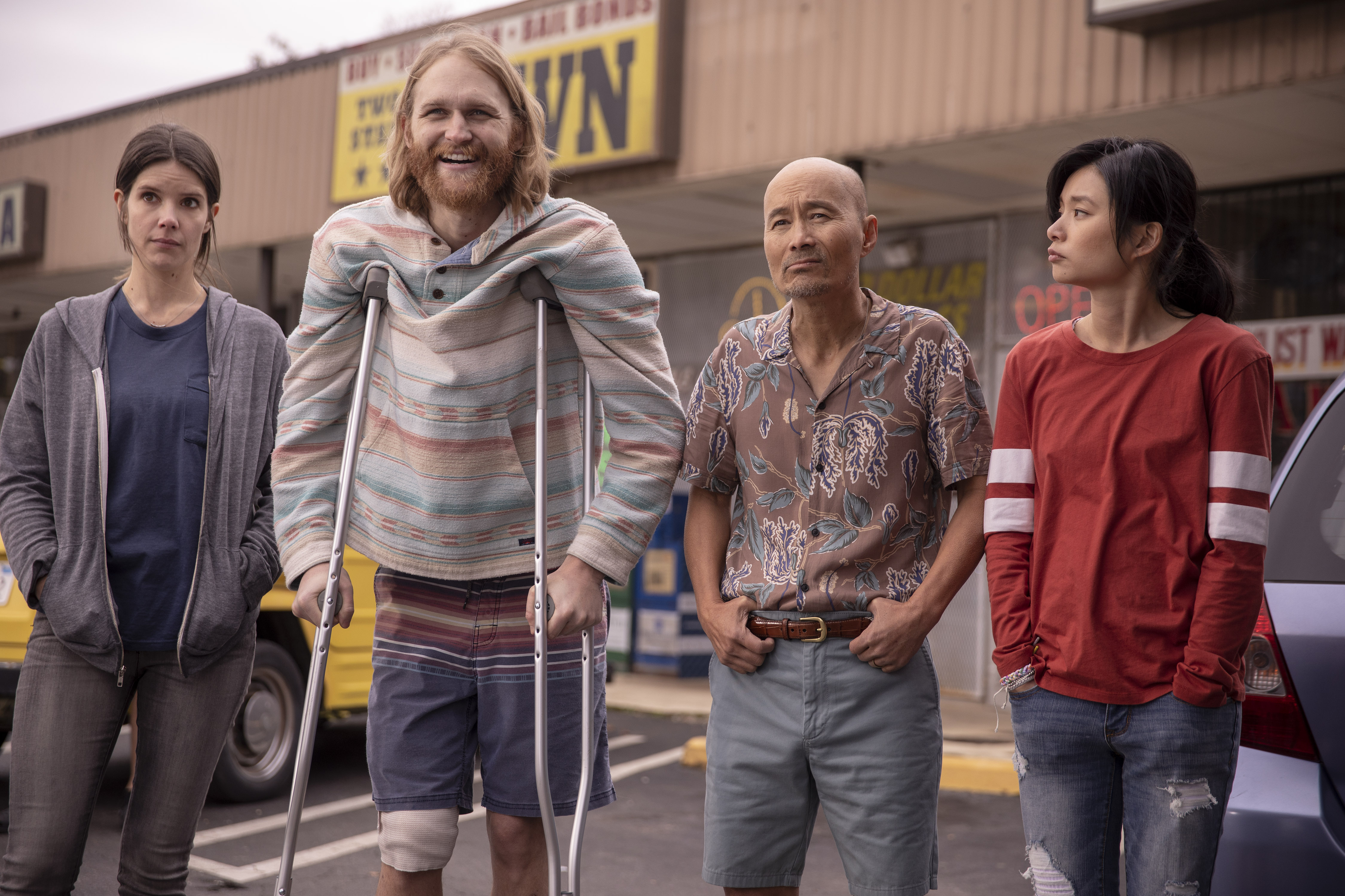 Sonya Cassidy as Liz Dudley, Wyatt Russell as Sean "Dud" Dudley, Long Nguyen as Paul, Celia Au as Alice Â - Lodge 49 _ Season 2 - Photo Credit: Jackson Lee Davis/AMC