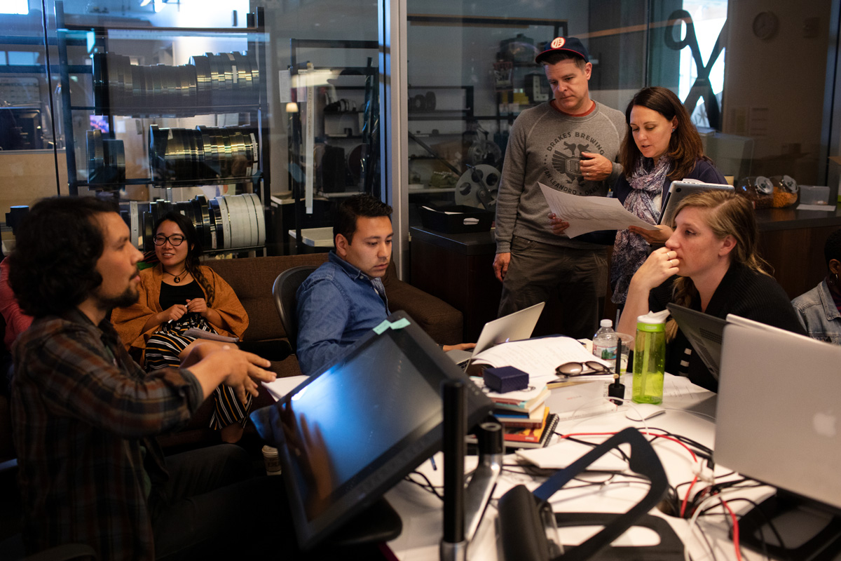 Trevor Jimenez, Hyein Park, Andy Sakhrani, Scott Morse, Lisa Fotheringham and Kristen Lester during a Soul story meeting on June 25, 2018 at Pixar Animation Studios in Emeryville, Calif. (Photo by Deborah Coleman / Pixar)