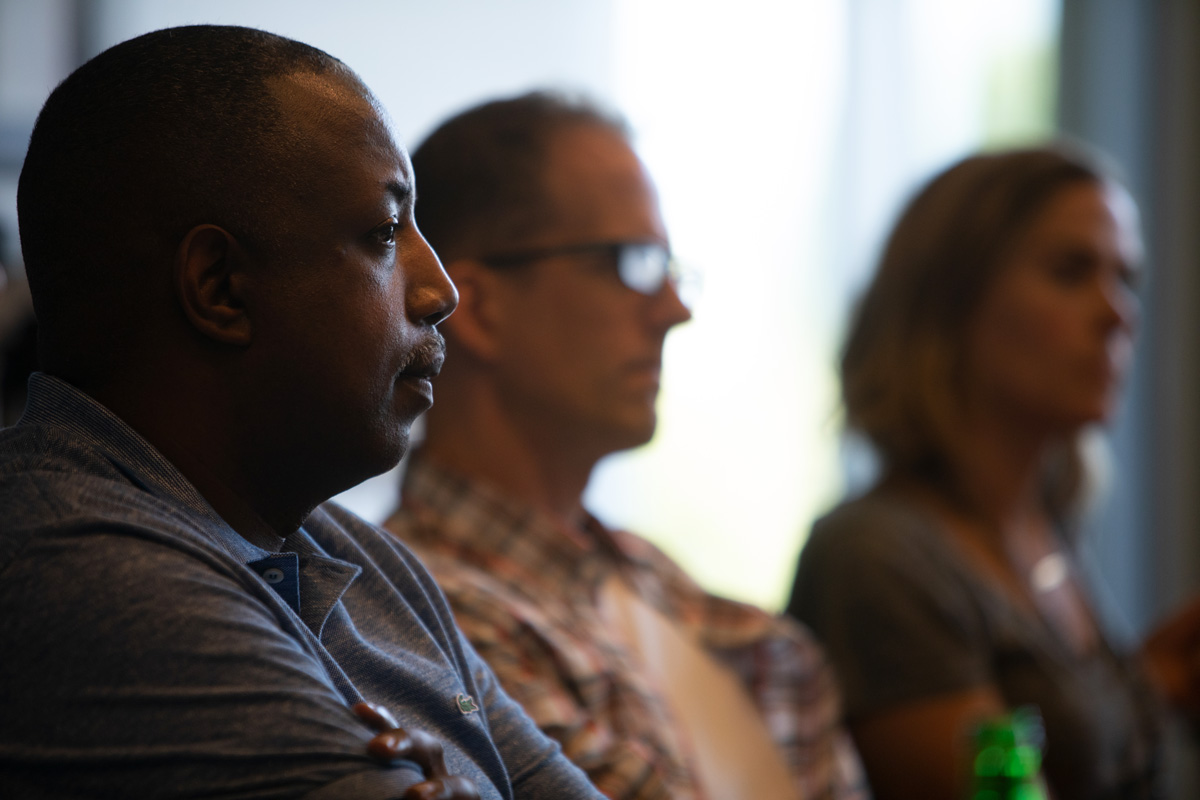 Kemp Powers, Pete Docter and Dana Murray during a "Soul" brain trust meeting on August 16, 2018 at Pixar Animation Studios in Emeryville, Calif. (Photo by Deborah Coleman / Pixar)