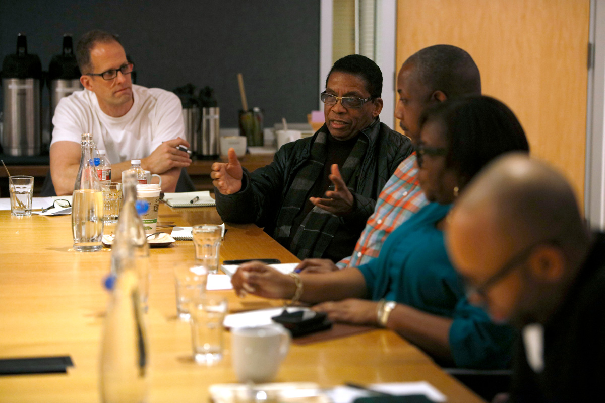 A group of music consultants, including (second from left) Herbie Hancock, meet with the "Soul" filmmakers to give feedback about the film, as seen on December 20, 2018 at Pixar Animation Studios in Emeryville, Calif. (Photo by Deborah Coleman / Pixar)