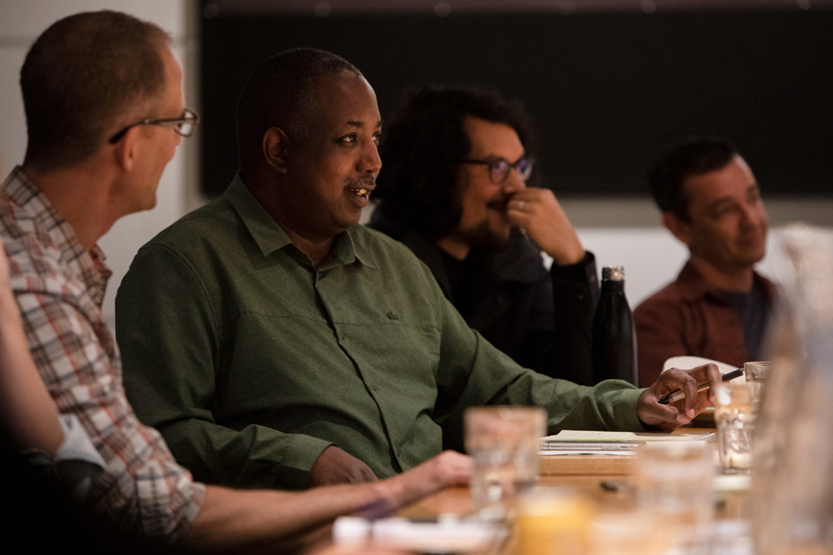 A "Soul" brain trust meeting, including Pete Docter, Kemp Powers, Trevor Jimenez and Mike Jones, on July 22, 2019 at Pixar Animation Studios in Emeryville, Calif. (Photo by Deborah Coleman / Pixar)