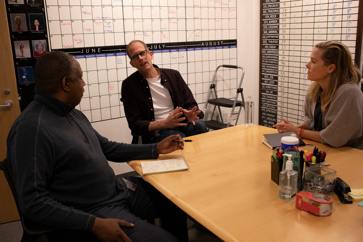 "Soul" filmmakers Director Pete Docter, Producer Dana Murray and Co-Director Kemp Powers meet on March 4, 2020 at Pixar Animation Studios in Emeryville, Calif. (Photo by Deborah Coleman / Pixar)