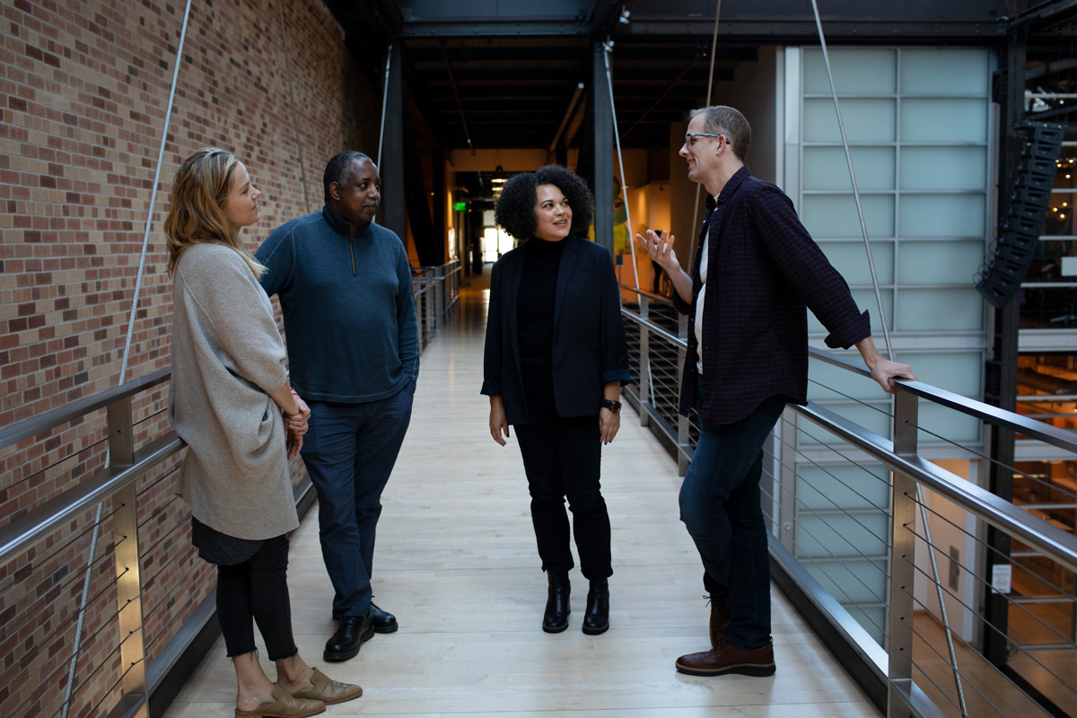 "Soul" filmmakers Director Pete Docter, Producer Dana Murray, Co-Director Kemp Powers and Executive Producer Kiri Hart meet on March 4, 2020 at Pixar Animation Studios in Emeryville, Calif. (Photo by Deborah Coleman / Pixar)